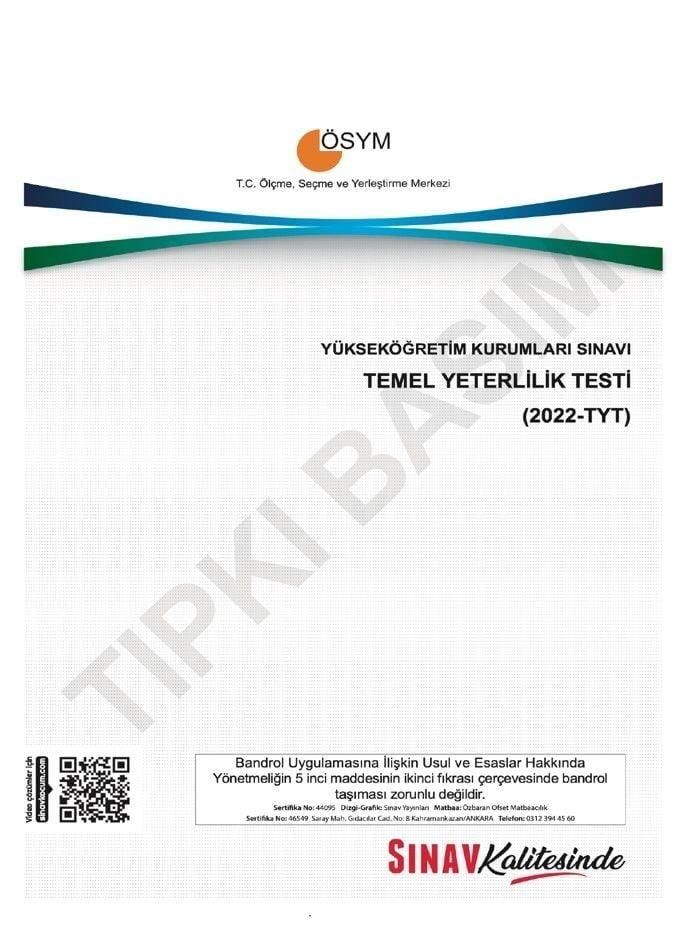 Sınav Yayınları Sınav Kalitesinde 2022 TYT Tıpkı Basım Çıkmış Sorular