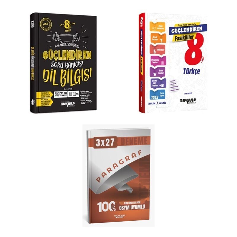 2027 Ankara 8. Sınıf Güçlendiren Türkçe Dil Bilgisi Soru + Konu + anla kazan paragraf deneme 3'lü Set