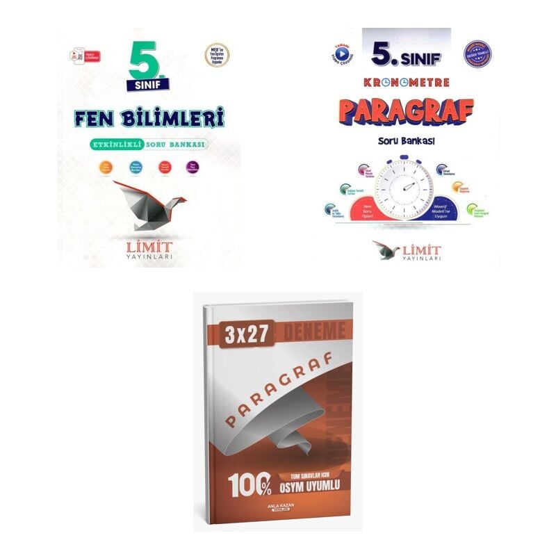 2027 Limit 5. Sınıf Fen Bilimleri Etkinlikli + Paragraf Kronometre Soru + anla kazan paragraf deneme 3'lü Set