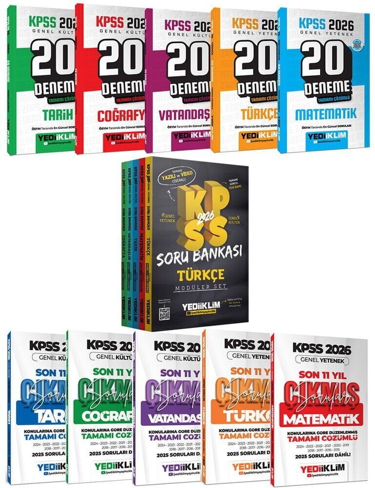 Yediiklim 2026 KPSS Genel Yetenek Genel Kültür Modüler Soru Bankası + 100 Deneme + Çıkmış Sorular 11 li Set Yediiklim Yayınları
