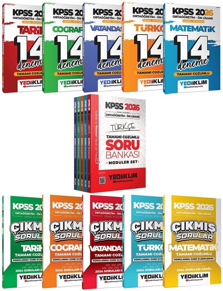 Yediiklim 2026 KPSS Lise Ortaöğretim Ön Lisans Modüler Soru Bankası + 70 Deneme + Çımış Sorular 11 li Set Set Yediiklim Yayınları