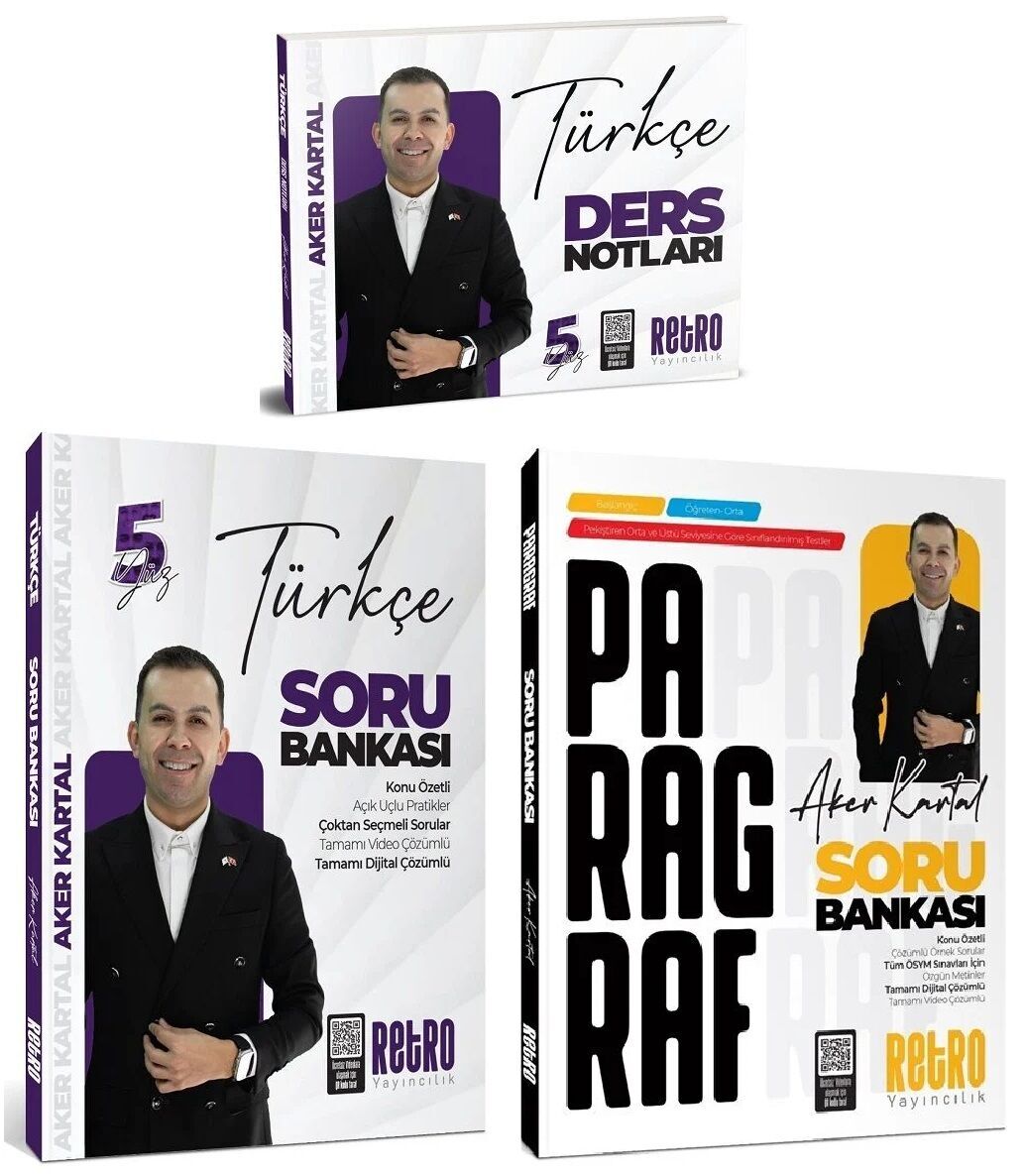 Retro 2026 KPSS Türkçe 5Yüz Ders Notları + Soru Bankası + Paragraf Soru Bankası 3 lü Set - Aker Kartal Retro Yayıncılık