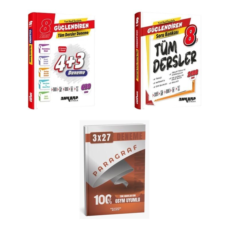2027 Ankara 8. Sınıf Güçlendiren Tüm Dersler Deneme + Soru + anla kazan paragraf deneme 3'lü Set