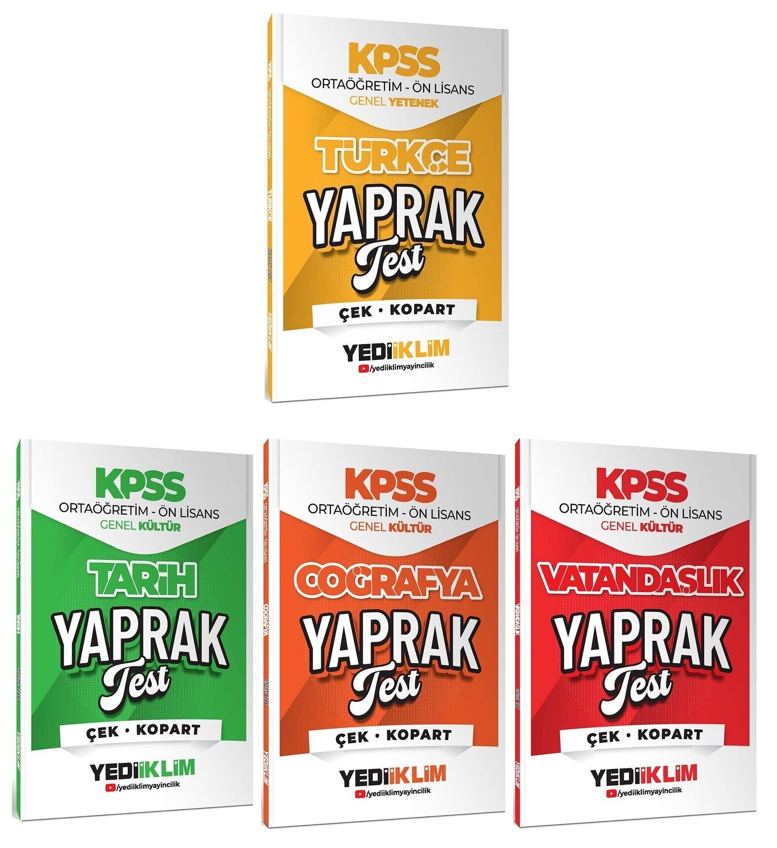 Yediiklim 2026 KPSS Lise Ortaöğretim Ön Lisans Türkçe + Tarih + Coğrafya + Vatandaşlık Yaprak Test 4 lü Set Yediiklim Yayınları