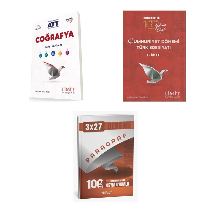 2027 AYT Limit Coğrafya Soru + Cumhuriyet Dönemi Türk Edebiyatı El Kitabı + anla kazan paragraf deneme 3'lü Set