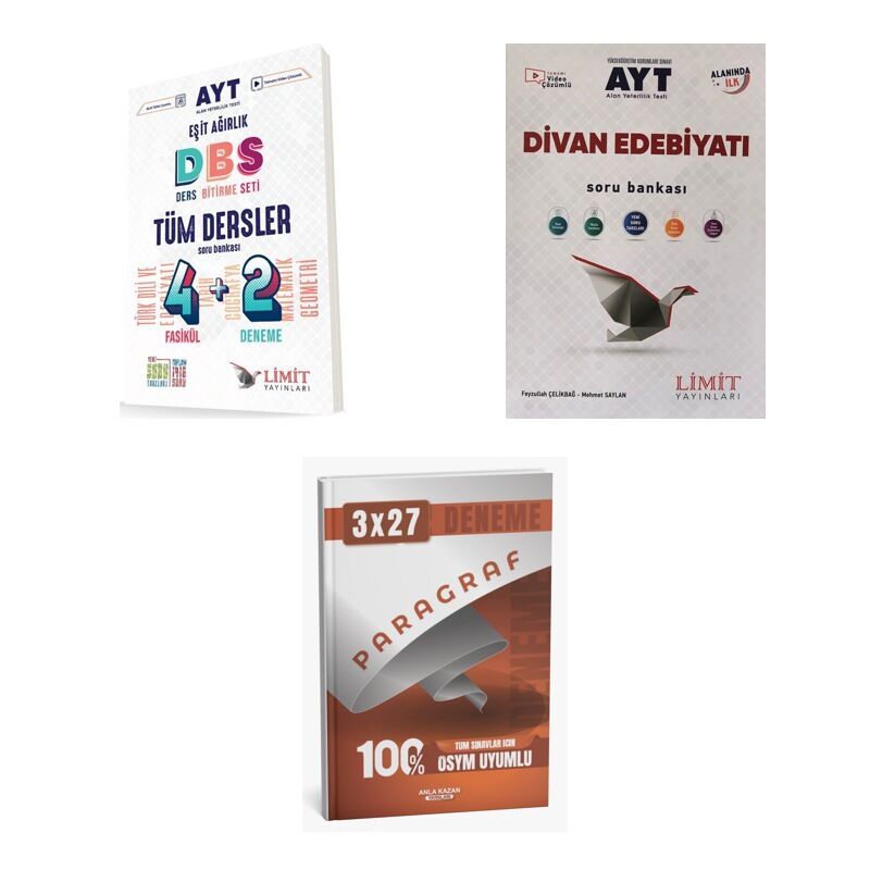2027 Limit AYT Tüm Dersler Eşit Ağırlık 4 2 + Edebiyat Divan Edebiyatı Soru + anla kazan paragraf deneme 3'lü Set