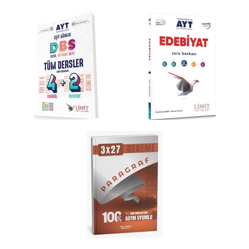 2027 Limit AYT Tüm Dersler Eşit Ağırlık 4 2 + Edebiyat Video Çözümlü Soru + anla kazan paragraf deneme 3'lü Set