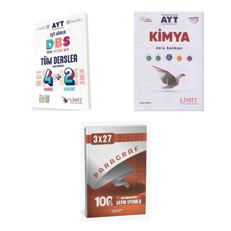 2027 Limit AYT Tüm Dersler Eşit Ağırlık 4 2 + Kimya Soru + anla kazan paragraf deneme 3'lü Set