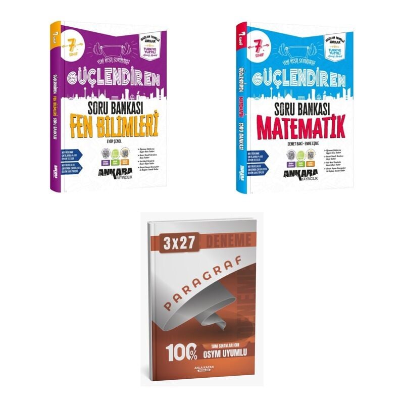 2027 Ankara 7. Sınıf Güçlendiren Fen Bilimleri + Matematik Soru + anla kazan paragraf deneme 3'lü Set