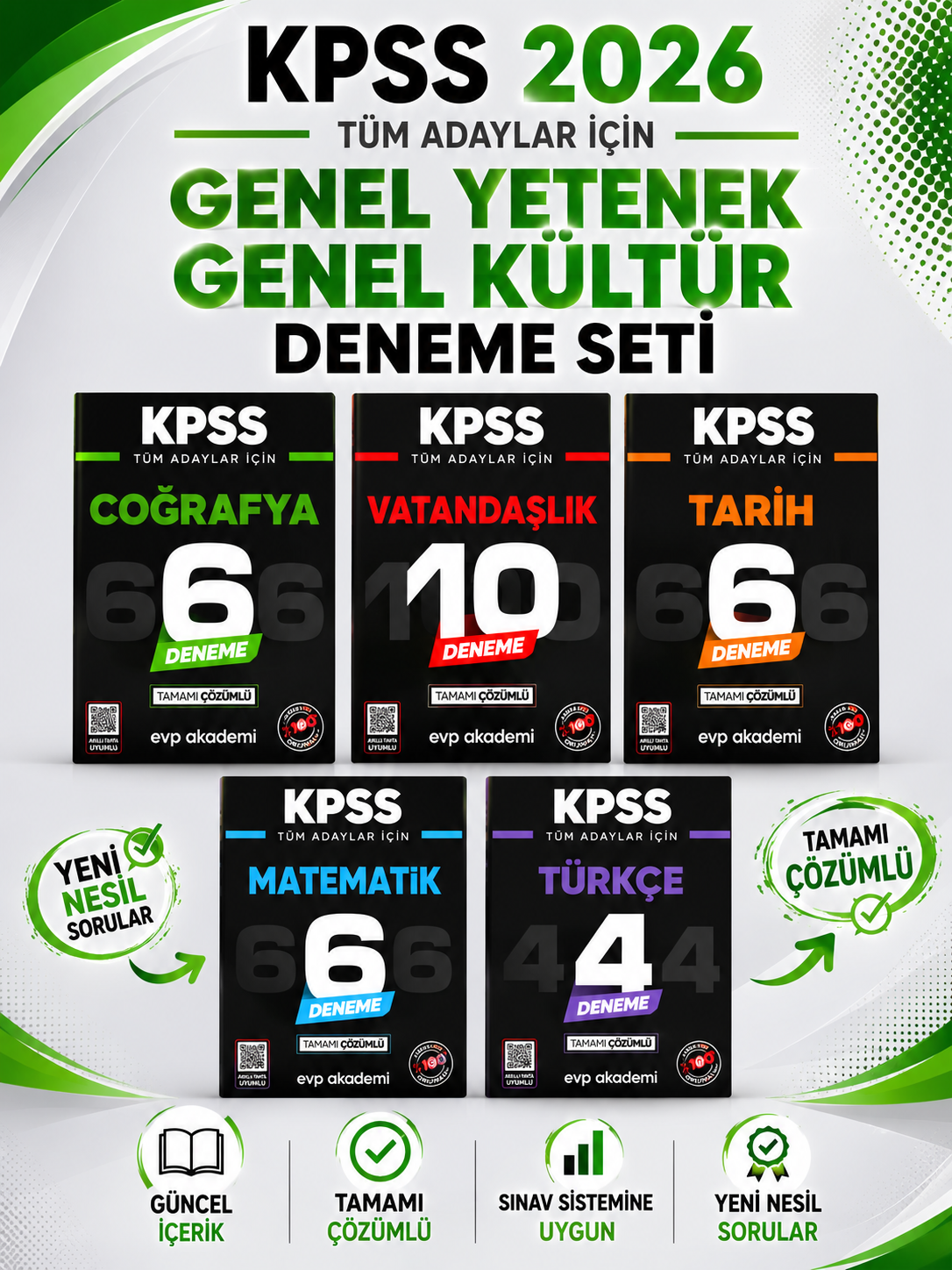 KPSS Tüm Adaylar İçin Tarih, Coğrafya, Vatandaşık, Türkçe, Matematik Deneme Tamamı Çözümlü EVP Akademi