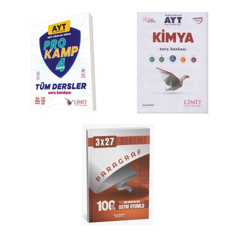2027 Limit AYT Tüm Dersler Eşit Ağırlık Sözel Prokamp + Kimya Soru + anla kazan paragraf deneme 3'lü Set