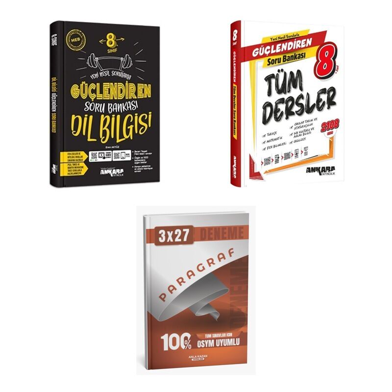 2027 Ankara 8. Sınıf Güçlendiren Türkçe Dil Bilgisi + Tüm Dersler Soru + anla kazan paragraf deneme 3'lü Set