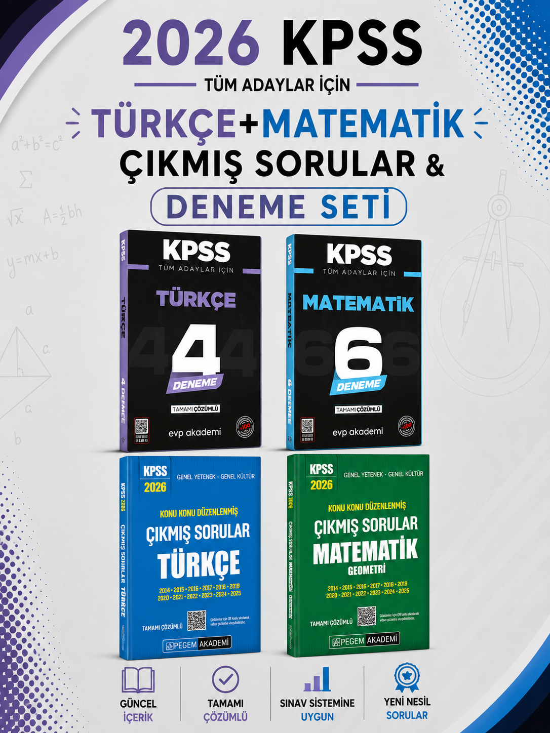 Pegem 2026 KPSS Türkçe + Matematik Çıkmış Sorular & KPSS Türkçe + Matematik Deneme EVP Akademi