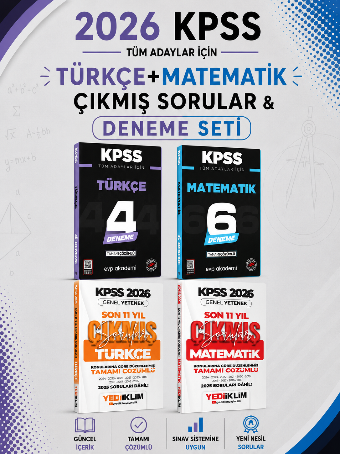 Yediikliim 2026 KPSS Türkçe + Matematik Çıkmış Sorular & KPSS Türkçe + Matematik Deneme EVP Akademi