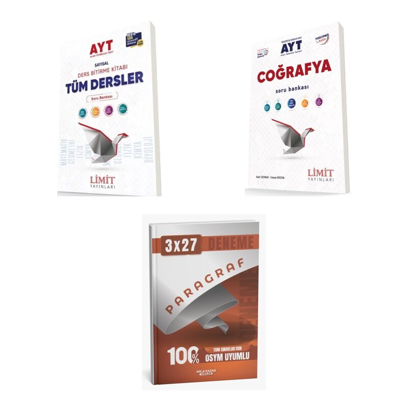 2027 Limit AYT Tüm Dersler Sayısal + Coğrafya Soru + anla kazan paragraf deneme 3'lü Set