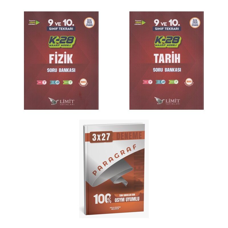2027 Limit TYT 9. ve 10. Sınıf Tekrarı K-28 Maarif Model Fizik + Tarih Soru + anla kazan paragraf deneme 3'lü Set