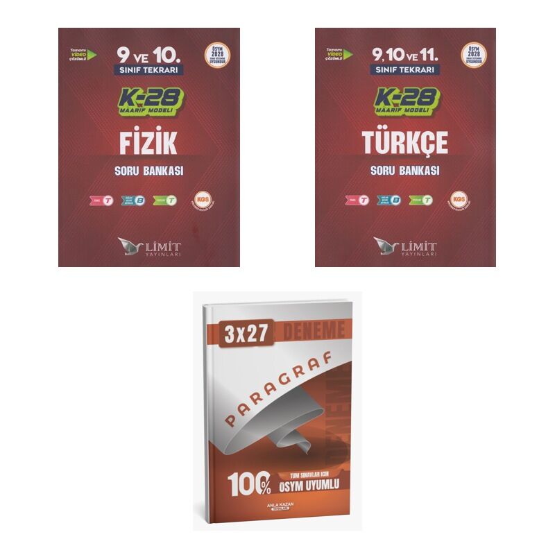 2027 Limit TYT 9. ve 10. Sınıf Tekrarı K-28 Maarif Model Fizik + Türkçe Soru + anla kazan paragraf deneme 3'lü Set